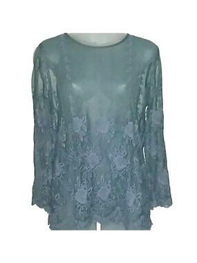Flying Tomato Green Embroidered Sheer y2k Vintage Long Sleeve Top